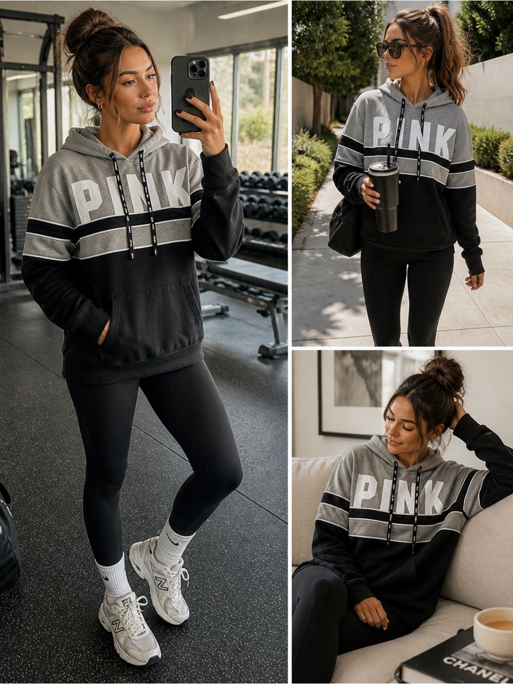 PINK Victoria’s Secret Hoodie Small Black Gray Colorblock Spell Out Logo Cozy
